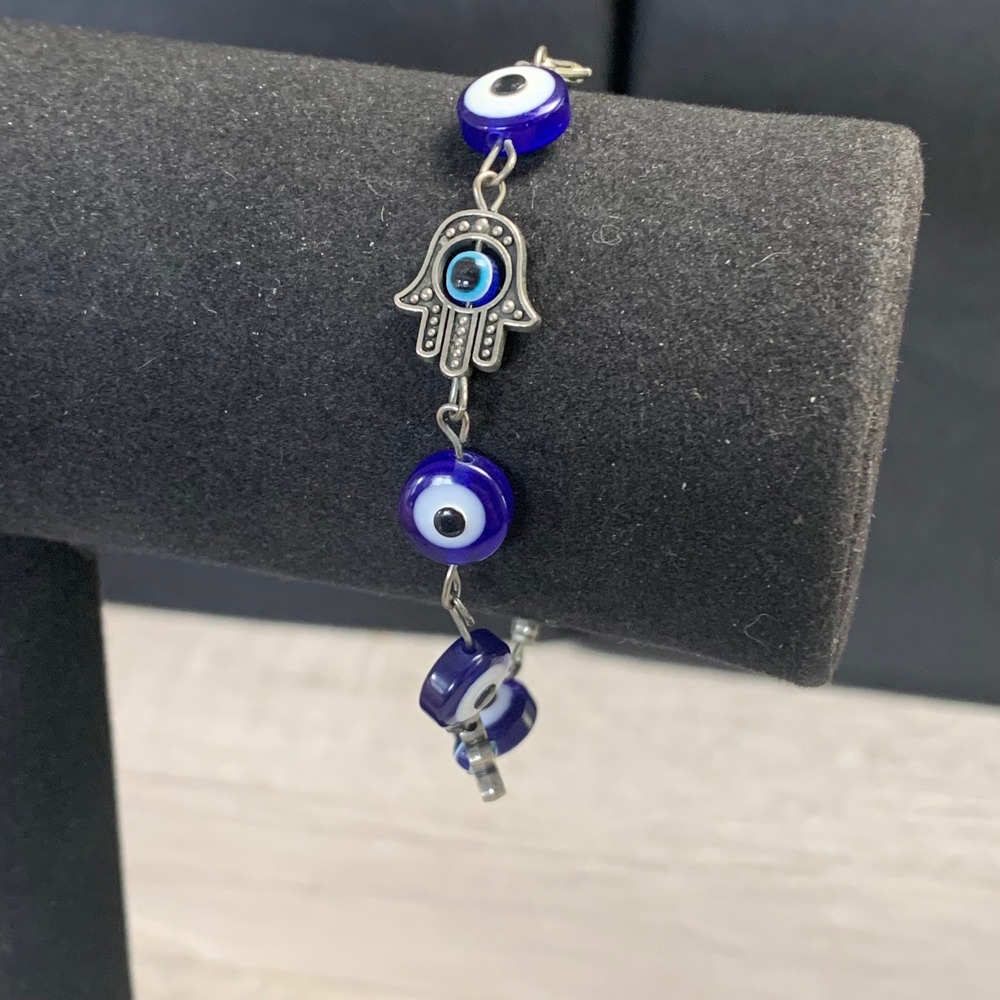 Blue Evil Eye Hamsa Hand Charm Bracelet Silver Tone Adjustable Protection 4337